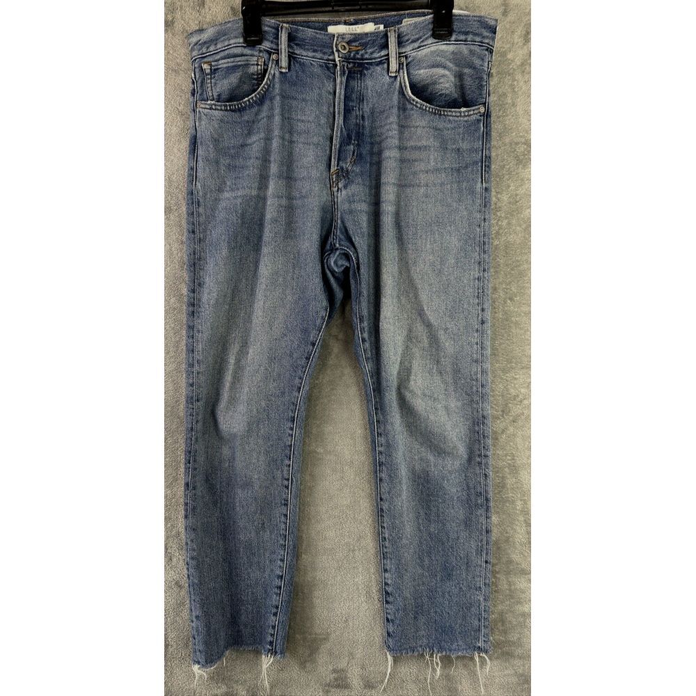 LOGG By H&M Mens 33 x 32 (36x28) Denim Blue Jeans Button Fly Raw Hem Tapered Fit
